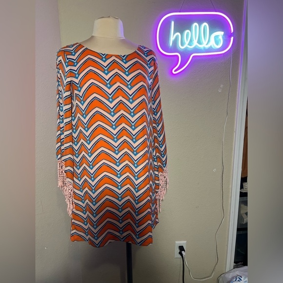 Umgee - orange and blue pattern dress with long sleeve - Picture 2 of 6